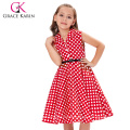 Grace Karin Girls Vestido de verão Kids Vintage 50&#39;s Vestido Vintage Vintage sem mangas Lapel Collar Vestido vermelho de bolinhas CL009000-3